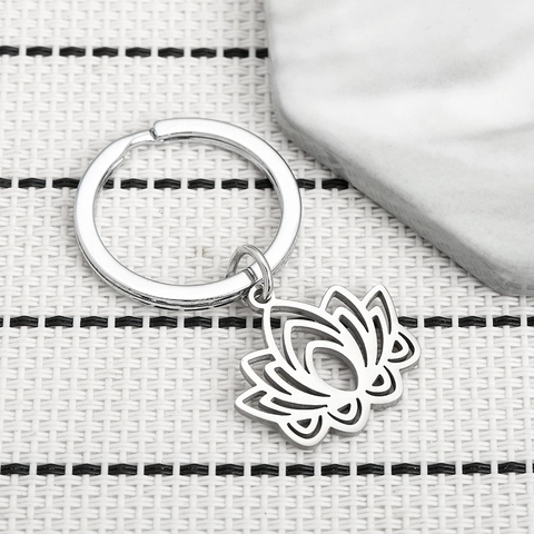 Portachiavi con Ciondolo a Forma di Loto Cavo in Acciaio Inossidabile Argento Fiore Pianta Ciondolo per Regalo Compleanno