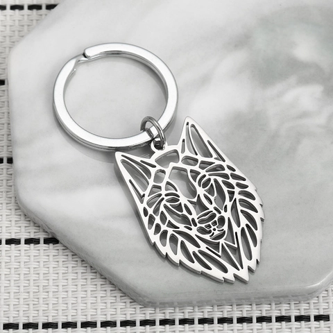 Geometrische Holle Wolfskop Roestvrijstalen Sleutelhanger Moderne Dieren Sleutelhanger Mannen Vrouwen Auto Sleutelring Gothic Sieraden Cadeau Zilver