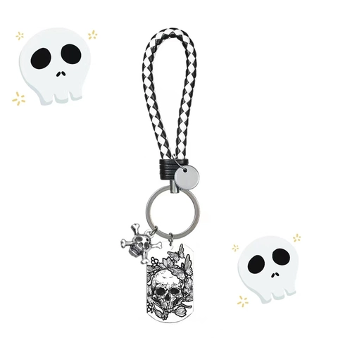 Gothic Roestvrij Stalen Schedel Sleutelhanger Met Gevlochten PU Leren Touw Vlinder Bloemen Hanger Halloween Feest Cadeau Voor Heren Dames