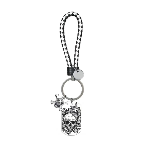Gothic Roestvrij Stalen Schedel Sleutelhanger Met Gevlochten PU Leren Touw Vlinder Bloemen Hanger Halloween Feest Cadeau Voor Heren Dames
