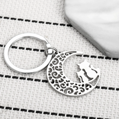 Creative Stainless Steel Hollow Moon Cats Silhouette Keychain For Couples Valentine Anniversary Anniversary Wedding Gift Silver Metal Keyring Pendant