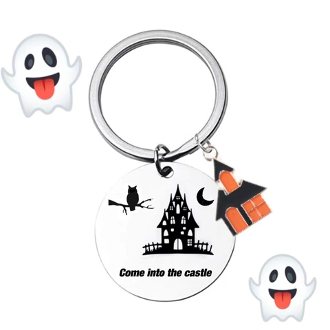 Porte-clés Halloween en Acier Inoxydable Hibou Château Avec Pendentif Maison Citation Come Into The Castle Cadeau