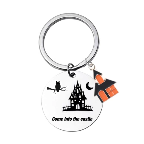 Porte-clés Halloween en Acier Inoxydable Hibou Château Avec Pendentif Maison Citation Come Into The Castle Cadeau