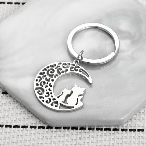 Creative Stainless Steel Hollow Moon Cats Silhouette Keychain For Couples Valentine Anniversary Anniversary Wedding Gift Silver Metal Keyring Pendant