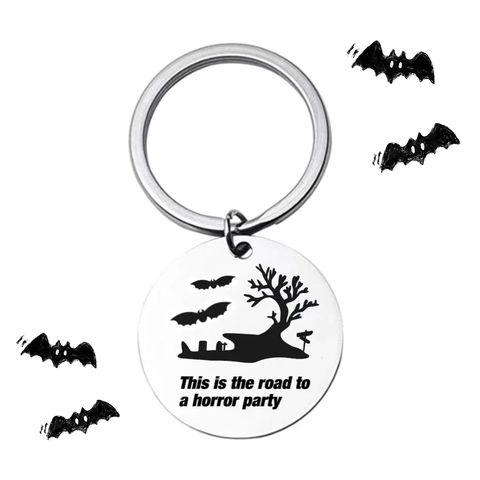 Halloween Keychain This Is The Road To A Horror Party Stainless Steel Bat Dead Tree Graveyard Pattern Pendant Keyring Party Favor