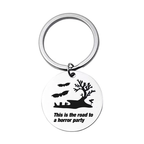 Halloween Keychain This Is The Road To A Horror Party Stainless Steel Bat Dead Tree Graveyard Pattern Pendant Keyring Party Favor