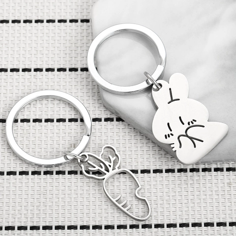 Niedlicher Edelstahl Hase Karotte Puzzle Schlüsselanhänger Silber Cartoon Tier Schlüsselanhänger Für Paare Rucksack Anhänger Student Geschenk