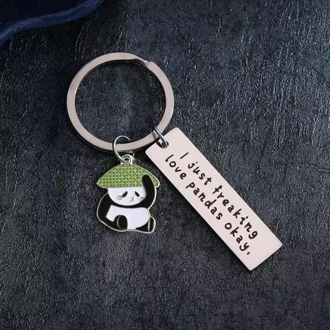 Schattige Panda Roestvrij Stalen Sleutelhanger Met Inspirerende Engelse Quote Ronde Rechthoekige Metalen Plaat Emaille Panda Bedeltje Cadeau