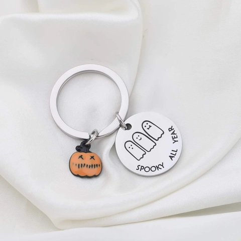 Llavero de Acero Inoxidable Halloween Spooky All Year Fantasma Calabaza Colgante Joyería Parejas Regalo Llavero Metal Grabado