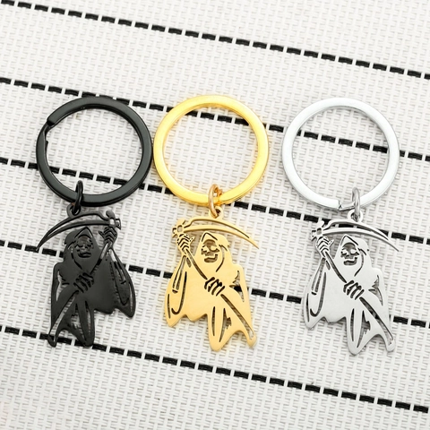 Llavero de Guadaña de la Muerte de Acero Inoxidable Colgante de Esqueleto Calado Gothic Punk Regalo de Halloween para Hombre Mujer