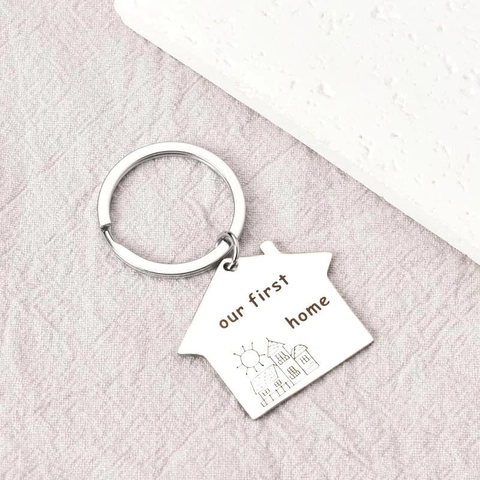 Stainless Steel House Shape Keychain Our First Home Engraved Key Ring New Home Gift Housewarming Present For Couples