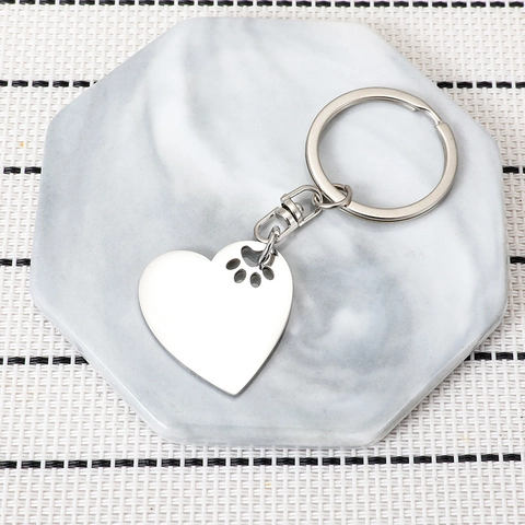 Portachiavi in Acciaio Inossidabile a Cuore con Impronta di Zampa Pendente Argento Lucido Regalo per Amanti degli Animali