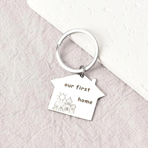 Stainless Steel House Shape Keychain Our First Home Engraved Key Ring New Home Gift Housewarming Present For Couples