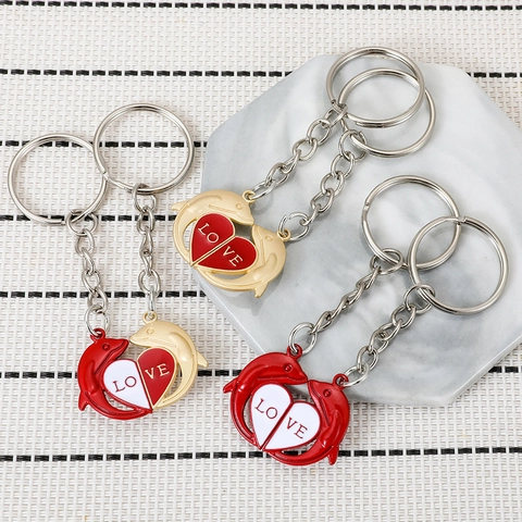Portachiavi per Coppia Delfino Ciondolo Borsa a Cuore Love Animale Marino in Lega di Zinco Regalo di San Valentino