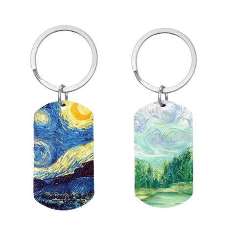 Portachiavi Artistico in Acciaio Inossidabile Con Pittura a Olio di Van Gogh Ciondolo Notte Stellata Paesaggio Forestale Regalo Zaino