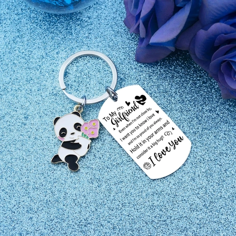 Cartoon Panda Stainless Steel Engraved Keychain Romantic Flower Pendant Gift For Girlfriend Heart Love Letter Keychain