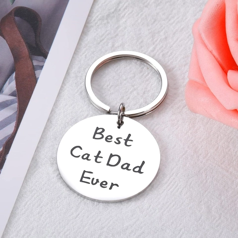 Best Cat Dad Ever Schlüsselanhänger aus Edelstahl Rund Doppelseitige Lasergravur Schlüsselring Geschenk für Herren Damen Katzenliebhaber