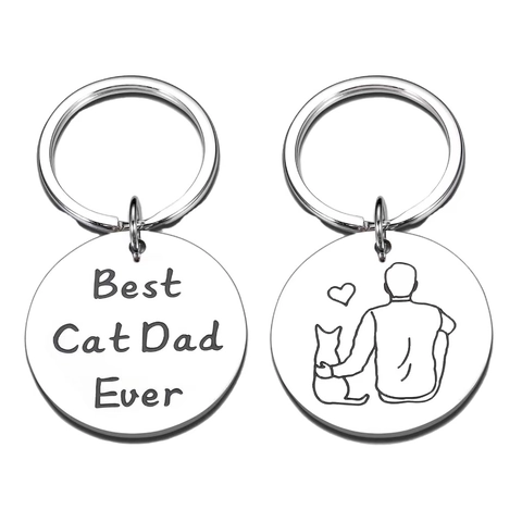 Best Cat Dad Ever Schlüsselanhänger aus Edelstahl Rund Doppelseitige Lasergravur Schlüsselring Geschenk für Herren Damen Katzenliebhaber