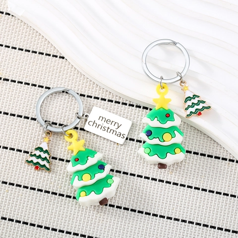 Cartoon Weihnachtsbaum Schlüsselanhänger Anhänger PVC Weichgummi Edelstahl Schlüsselring Mit Frohe Weihnachten Platte Festliches Geschenk