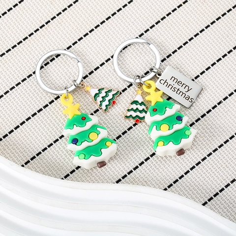 Cartoon Weihnachtsbaum Schlüsselanhänger Anhänger PVC Weichgummi Edelstahl Schlüsselring Mit Frohe Weihnachten Platte Festliches Geschenk