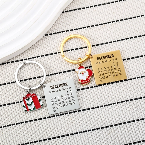 Christmas Calendar Keychain Stainless Steel Santa Claus Gift Box Enamel Pendant December Date Key Ring Holiday Souvenir Accessory