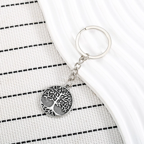 Portachiavi Albero della Vita in Lega di Zinco Argento Antico Vintage Ciondolo Tondo Intagliato per Zaino Chiavi Auto Unisex