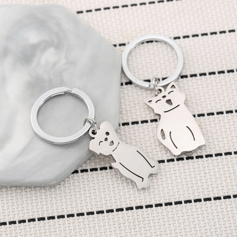 Portachiavi Minimalista in Acciaio Inox Cartone Animato Gatto Cane Ciondolo Silhouette Animale Regalo per Amanti Animali