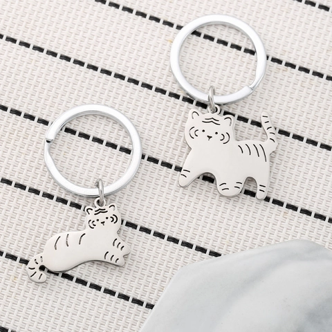 Porte-clés Tigre Dessin Animé en Acier Inoxydable Pendentif Sac à Dos Animal Mignon Porte-clés pour Couples Amis Cadeau