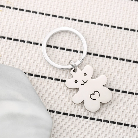 Portachiavi Orso Cuore in Acciaio Inossidabile Stile Coreano Carino Ciondolo Animale Traforato Ornamento Zaino Argento Minimalista