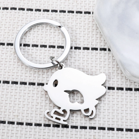 Llavero de Pájaro Patinador de Acero Inoxidable Lindo Colgante de Mochila de Animales Dibujos Animados Anillo de Metal Pulido Espejo