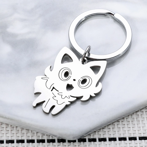 Portachiavi Gatto Cartone Animato in Acciaio Inossidabile Lucidato a Specchio Ciondolo Zaino Animale Metallo Argento