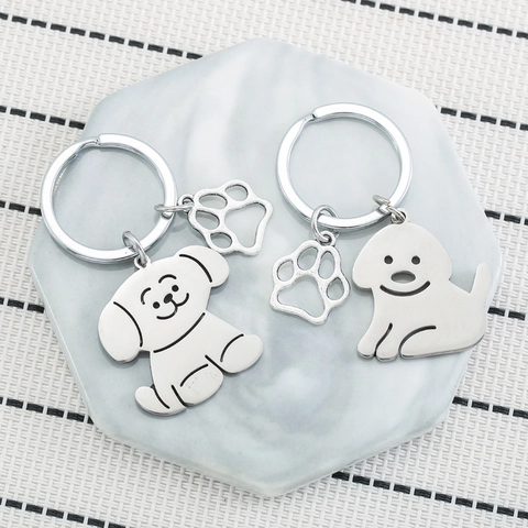 Cartoon Dog Stainless Steel Keychain With Paw Print Pendant Cute Pet Puppy Bag Charm Key Ring For Women Pet Lovers Gift