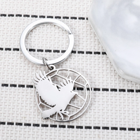 Stainless Steel Hollow Round Keychain With Flying Bird Crow Silhouette Pendant Geometric Grid Keyring For Backpack Jewelry Gift