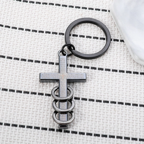 Roestvrij Stalen Schrift Kruis Sleutelhanger Voor Mannen Vrouwen Gun Black Lasergravure Religieuze Hip Hop Hanger Met Drie Ringen