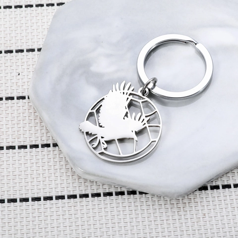 Stainless Steel Hollow Round Keychain With Flying Bird Crow Silhouette Pendant Geometric Grid Keyring For Backpack Jewelry Gift