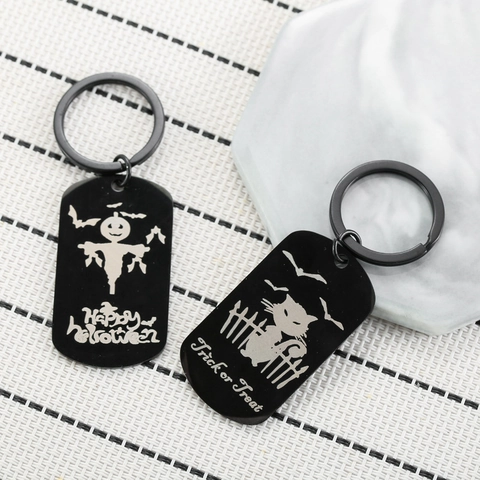 Halloween Stainless Steel Dog Tag Keychain Pumpkin Black Cat Laser Engraved Metal Key Ring For Couples Friends Festive Gift
