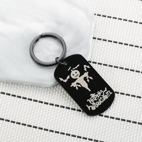 Halloween Stainless Steel Dog Tag Keychain Pumpkin Black Cat Laser Engraved Metal Key Ring For Couples Friends Festive Gift