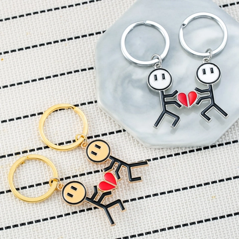 Portachiavi Stickman Magnetico a Cuore in Lega di Zinco Smaltato Graffiti Portachiavi per Coppie Regalo di San Valentino
