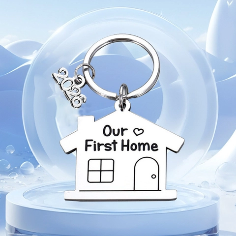 Stainless Steel House Shape Keychain Our First Home Engraved Key Ring With 2024 Year Charm Housewarming Gift For New Home