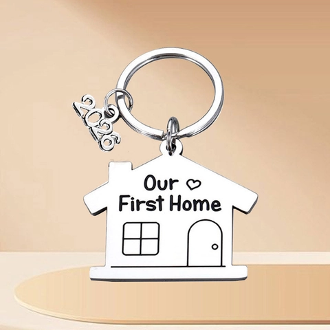 Stainless Steel House Shape Keychain Our First Home Engraved Key Ring With 2024 Year Charm Housewarming Gift For New Home