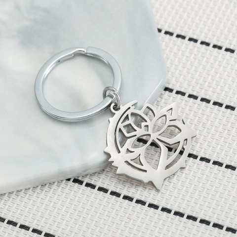 Portachiavi con Ciondolo a Forma di Luna e Loto Traforato in Acciaio Inossidabile con Motivo Geometrico per Regalo Quotidiano Unisex
