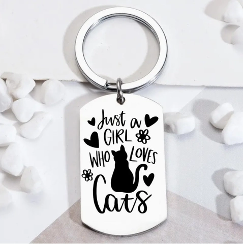 Porte-clés en Acier Inoxydable Just a Girl Who Loves Cats Pendentif Rectangulaire en Métal Cadeau pour Femme Fille Argent