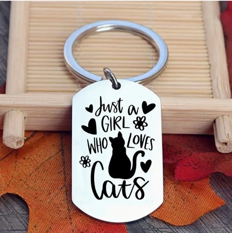Porte-clés en Acier Inoxydable Just a Girl Who Loves Cats Pendentif Rectangulaire en Métal Cadeau pour Femme Fille Argent