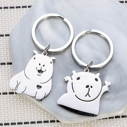 Porte-clés Capybara en Acier Inoxydable Mignon Animal de Dessin Animé Cœur Creux Métal Poli Cadeau de la Saint-Valentin