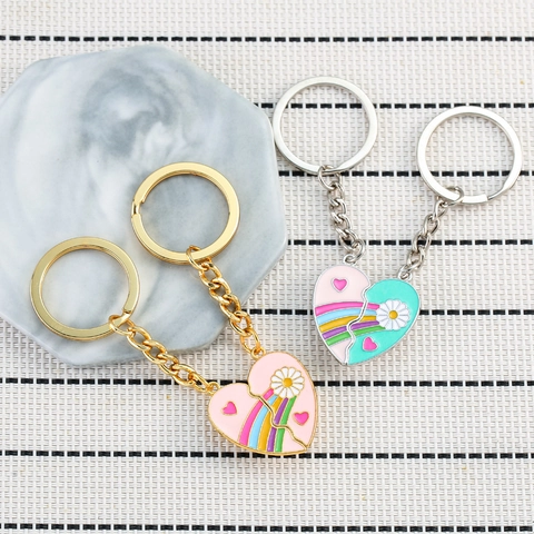 Portachiavi Cuore Diviso Magnetico Motivo Arcobaleno Margherita Lega di Zinco Romantico Regalo per Coppie e Migliori Amici
