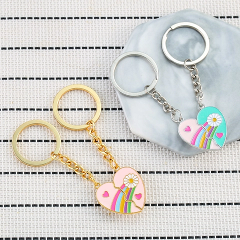 Portachiavi Cuore Diviso Magnetico Motivo Arcobaleno Margherita Lega di Zinco Romantico Regalo per Coppie e Migliori Amici