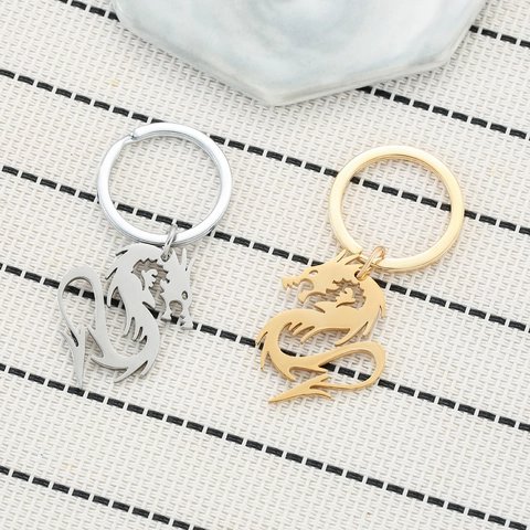 Opengewerkte Chinese Draak Roestvrij Staal Sleutelhanger Gepolijst Metaal Sleutelhanger Hanger Voor Mannen Vrouwen Rugzak Cadeau