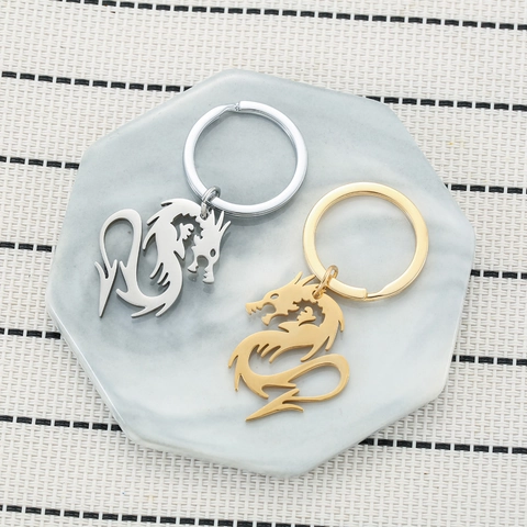 Opengewerkte Chinese Draak Roestvrij Staal Sleutelhanger Gepolijst Metaal Sleutelhanger Hanger Voor Mannen Vrouwen Rugzak Cadeau