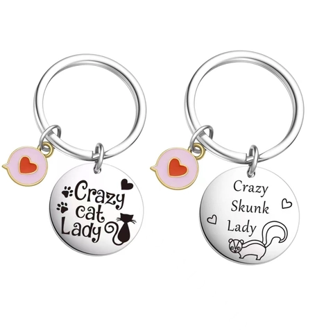 Stainless Steel Keychain Crazy Cat Lady Crazy Skunk Lady Round Pendant Metal Key Ring Enamel Heart Charm Pet Lovers Gift