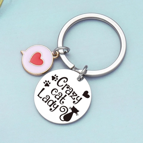 Stainless Steel Keychain Crazy Cat Lady Crazy Skunk Lady Round Pendant Metal Key Ring Enamel Heart Charm Pet Lovers Gift